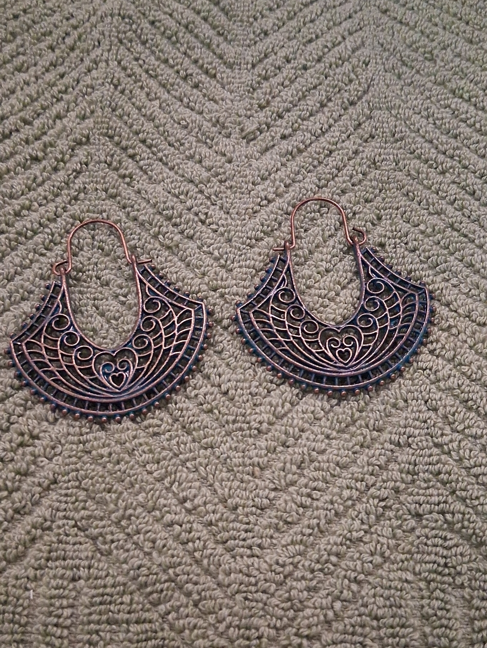 Bohemian Copper Filigree Hoop Earrings with Heart Motif - Women Jewelry